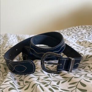 Vintage Leather Belt - Black with White Contrast Stitching, Made in Holland